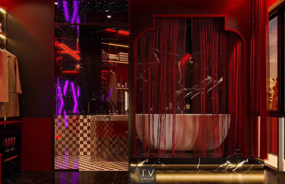 Không gian phòng khách sạn phong cách futuristic với ánh sáng đỏ tím, nội thất mềm mại, thiết kế cá tính phù hợp trải nghiệm riêng tư và check in 