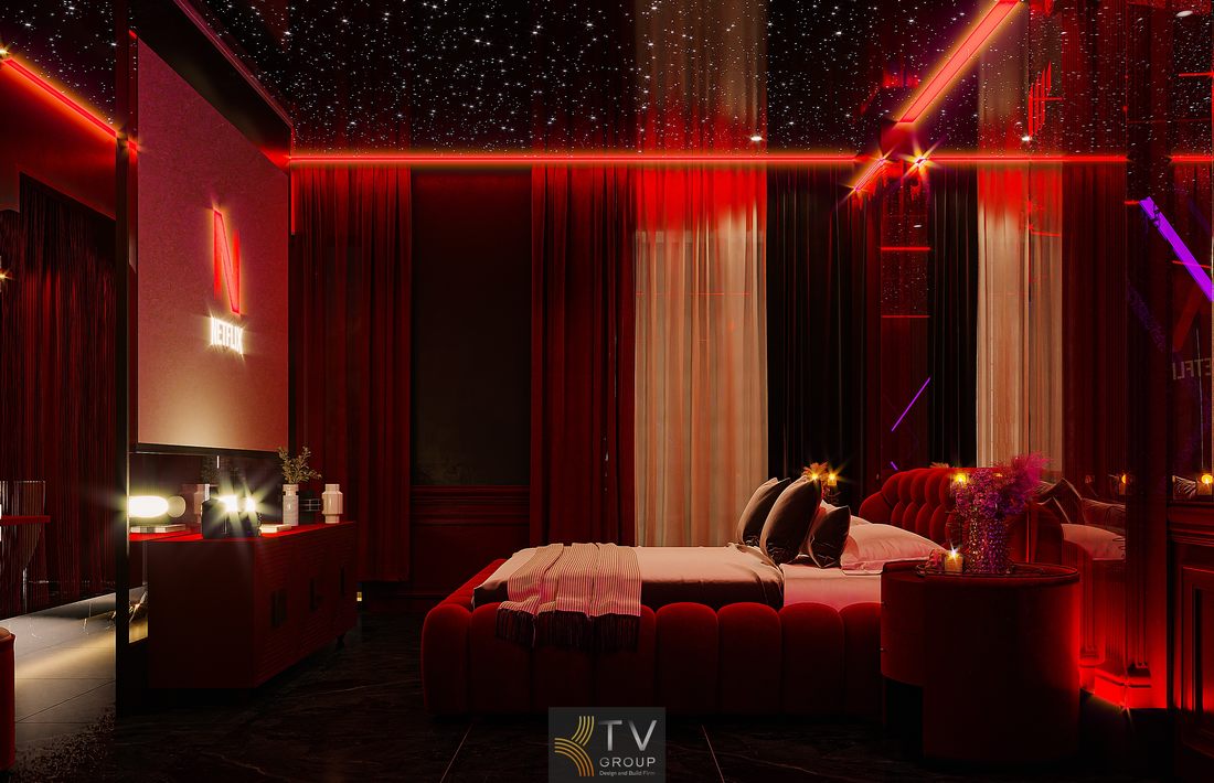 Thiết kế phòng khách sạn hiện đại sử dụng hệ đèn LED đa lớp, trần hiệu ứng bầu trời sao và bố trí nội thất tạo điểm nhấn thị giác mạnh 