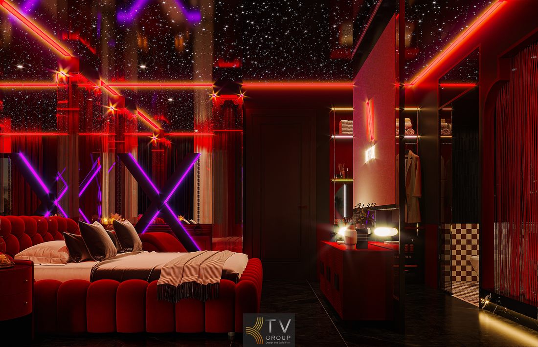 Phòng khách sạn concept trải nghiệm với giường lớn nổi bật, ánh sáng nghệ thuật và không gian tối màu tạo cảm giác sang trọng và khác biệt Nội thất phòng khách sạn cao cấp với vật liệu hiện đại, ánh sáng đỏ chủ đạo kết hợp tím tạo chiều sâu và cảm xúc mạnh mẽ 