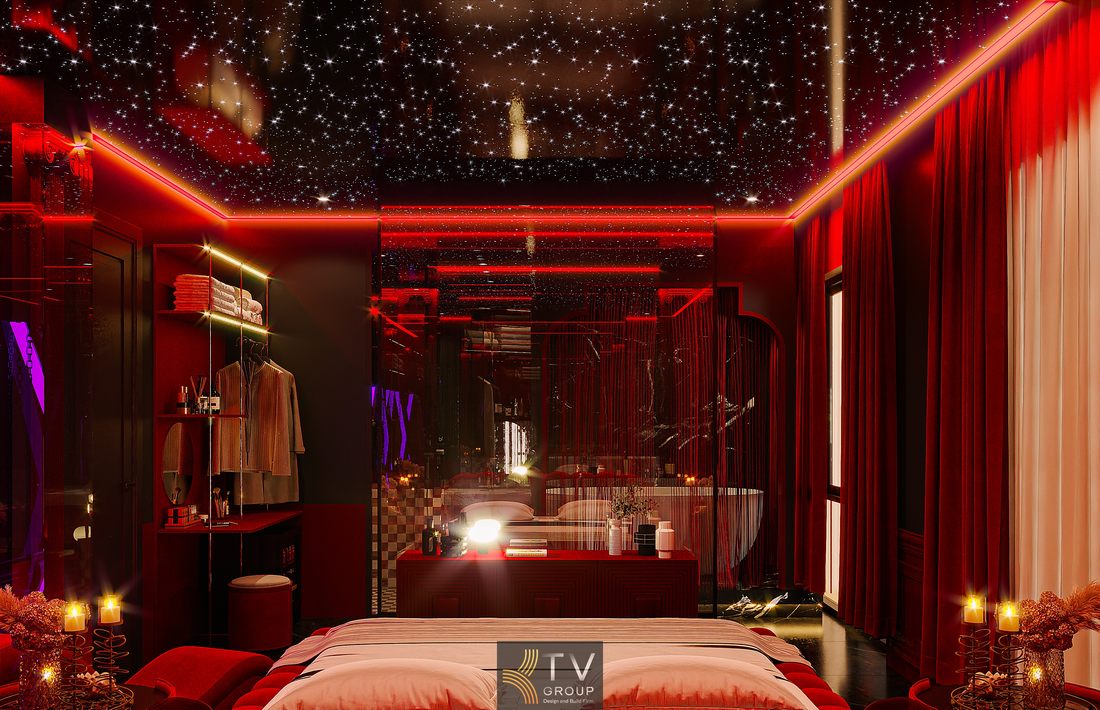 Không gian phòng khách sạn thiết kế mở với hệ ánh sáng LED chạy viền, tạo hiệu ứng chiều sâu và tăng trải nghiệm thị giác 