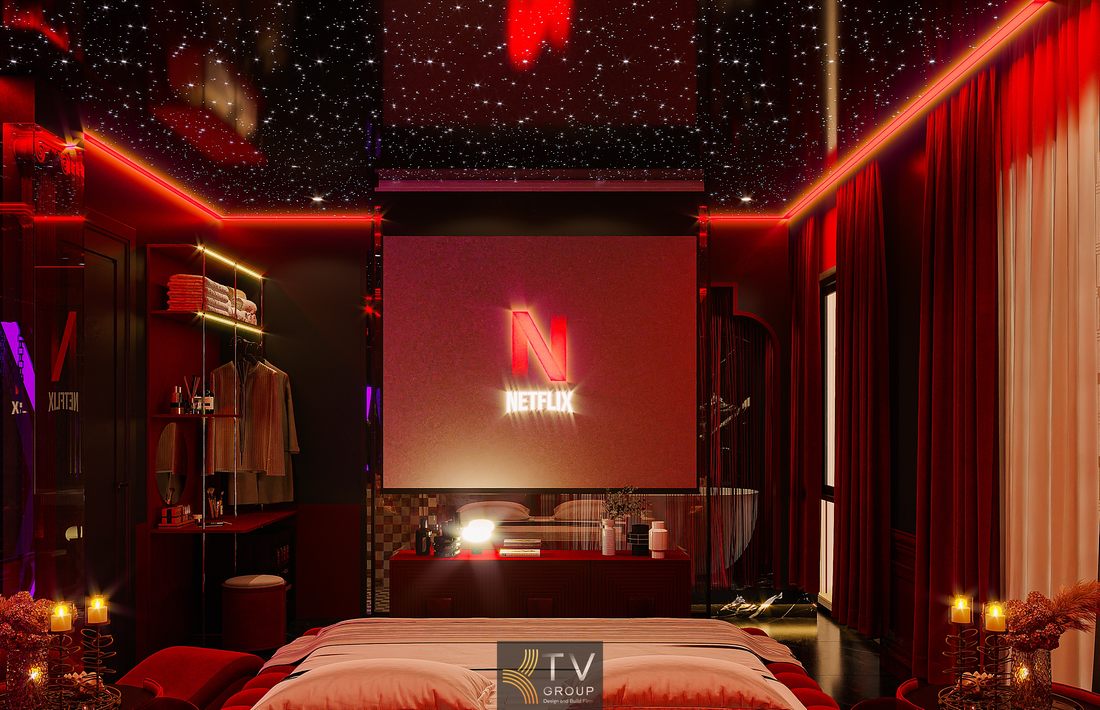 Phòng khách sạn phong cách hiện đại cá tính với trần sao, đèn neon nghệ thuật và nội thất nổi bật phù hợp khách hàng trẻ 