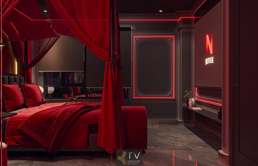 Không gian phòng khách sạn concept ánh sáng với trần LED và nội thất cá tính, thiết kế tối ưu cho trải nghiệm lưu trú hiện đại và chụp ảnh đẹp