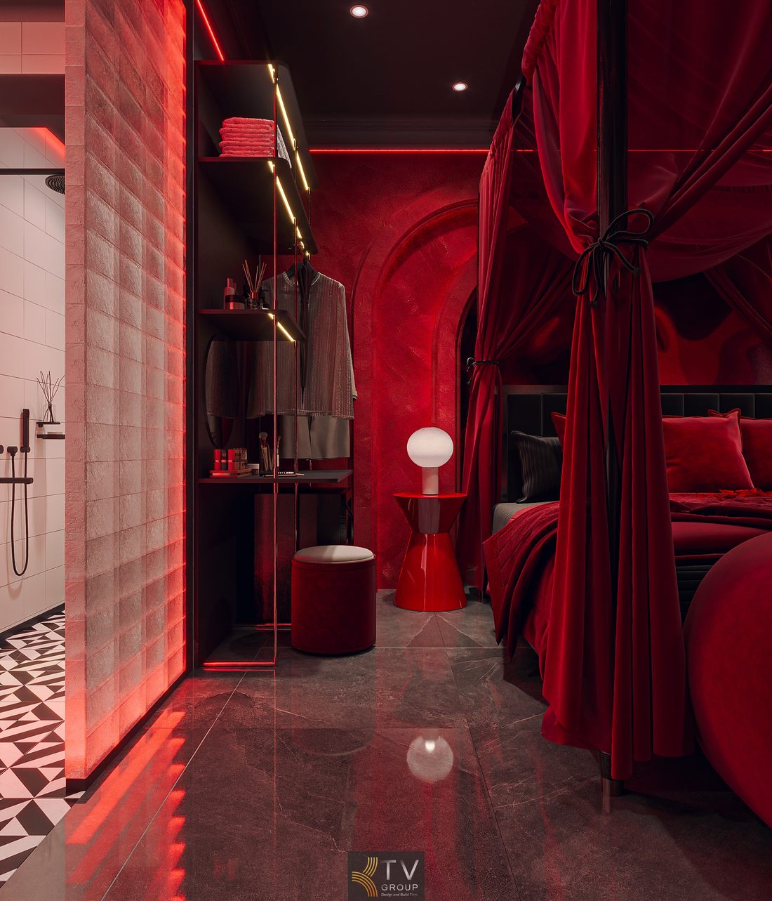Nội thất phòng khách sạn cao cấp với tông màu đỏ đen, ánh sáng LED đa lớp và bố trí hợp lý giúp tăng trải nghiệm và công năng sử dụng 