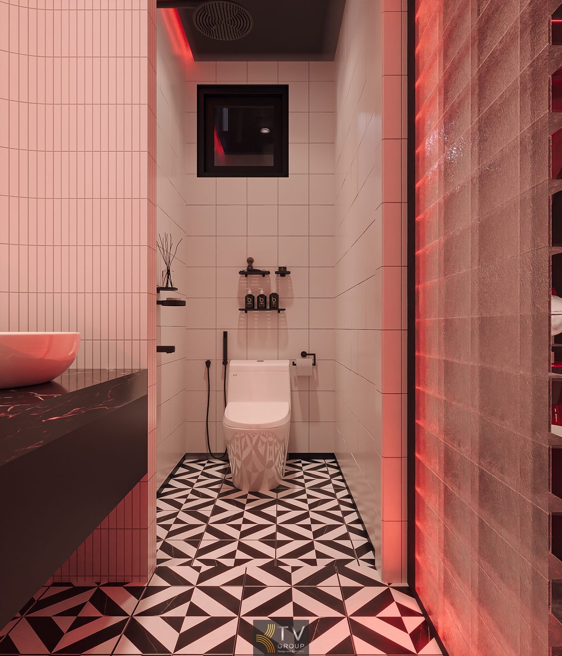 Nội thất phòng khách sạn với giường trung tâm, hệ đèn LED và không gian thiết kế mở giúp tăng tính thẩm mỹ và tiện nghi Không gian khách sạn hiện đại với ánh sáng đỏ và tím, tạo hiệu ứng thị giác mạnh và phù hợp xu hướng thiết kế mới