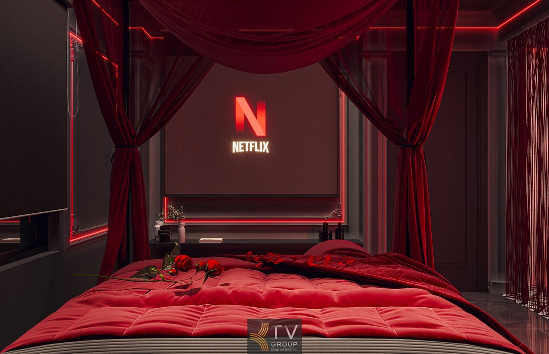 Phòng khách sạn phong cách hiện đại với hệ tủ mở, ánh sáng trang trí và không gian tối màu tạo cảm giác sang trọng và riêng tư 