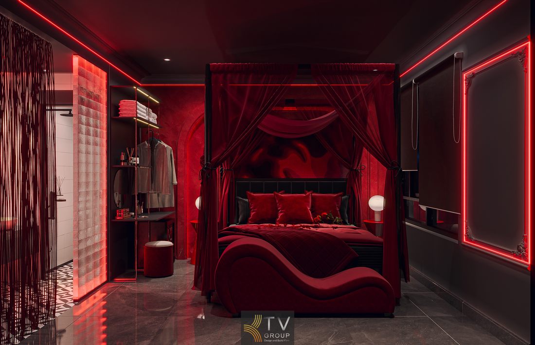Không gian khách sạn concept trải nghiệm với giường lớn, ánh sáng đỏ tím và thiết kế nội thất tối giản nhưng vẫn nổi bật và ấn tượng 