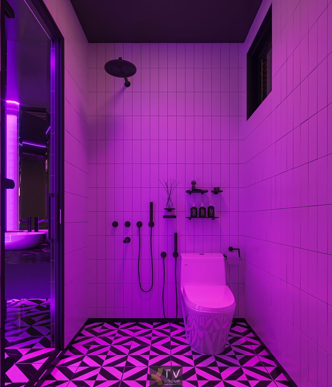 Thi công phòng khách sạn chủ đề không gian với giường tròn độc đáo, hệ đèn LED tím nổi bật và tường trang trí galaxy tạo điểm nhấn thu hút khách hàng 