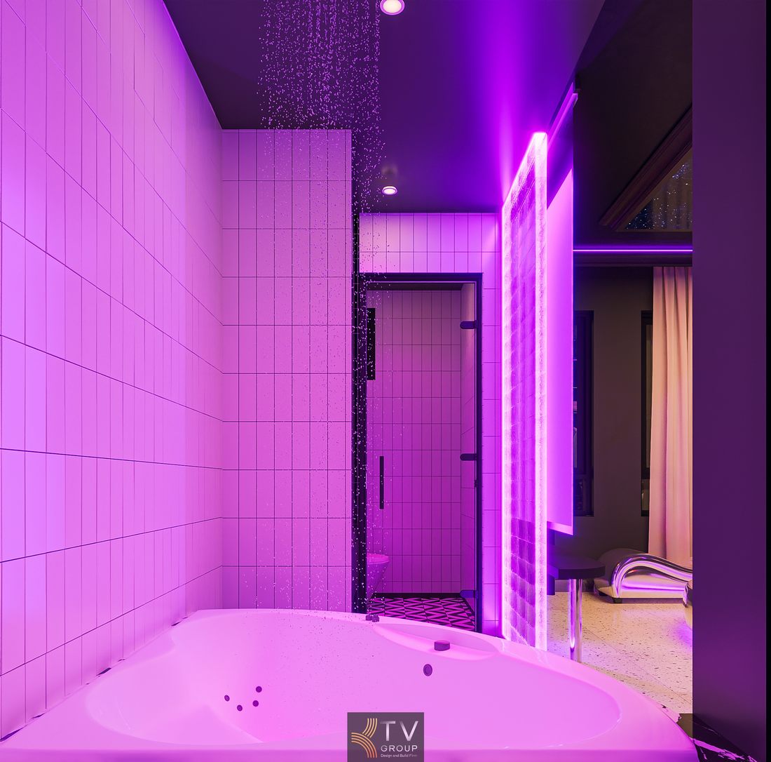 Phòng ngủ khách sạn phong cách futuristic với ánh sáng neon tím chủ đạo, giường tròn bọc da cao cấp và bố trí không gian khoa học, tiện nghi Thiết kế phòng khách sạn ánh sáng LED cao cấp với trần galaxy, hệ thống đèn viền tinh tế và nội thất tối giản mang lại trải nghiệm nghỉ ngơi khác biệt 