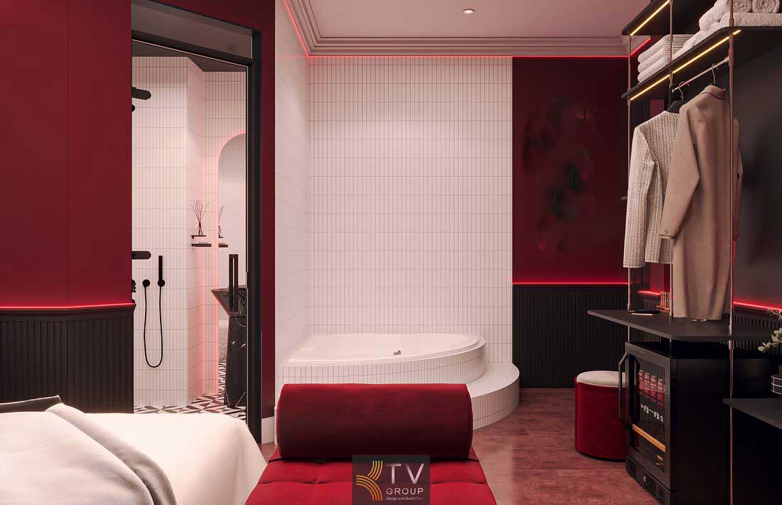 Không gian khách sạn hiện đại kết hợp cổ điển với ánh sáng vàng dịu, màu sắc ấm áp và thiết kế mang tính thẩm mỹ cao Phòng ngủ khách sạn cao cấp với giường lớn, bàn trang điểm và hệ rèm cửa dày giúp kiểm soát ánh sáng hiệu quả 