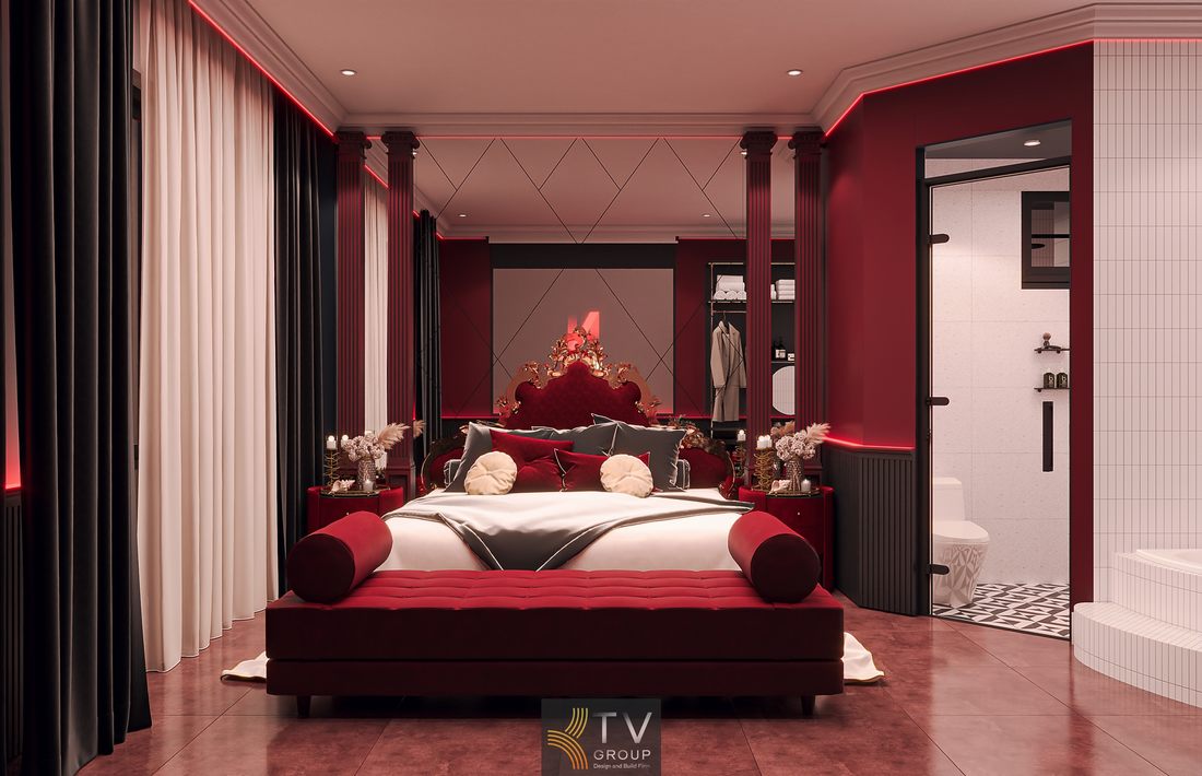 Thiết kế phòng khách sạn chủ đề lãng mạn với nội thất sang trọng, ánh sáng nhẹ nhàng và bố trí không gian tiện nghi 