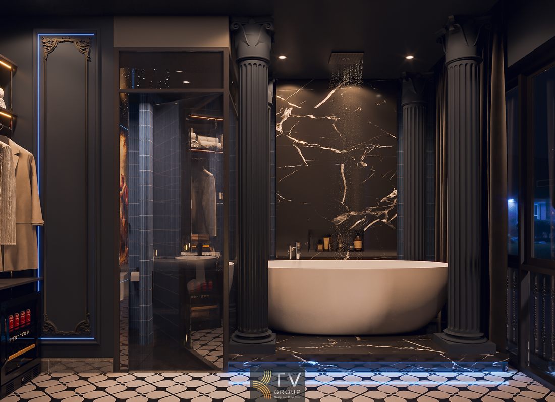 Phòng khách sạn cao cấp với điểm nhấn bồn tắm độc lập kết hợp trần ánh sao và hệ đèn led nghệ thuật mang lại không gian sang trọng độc đáo phù hợp cho khách hàng tìm kiếm trải nghiệm nghỉ dưỡng riêng tư và khác biệt