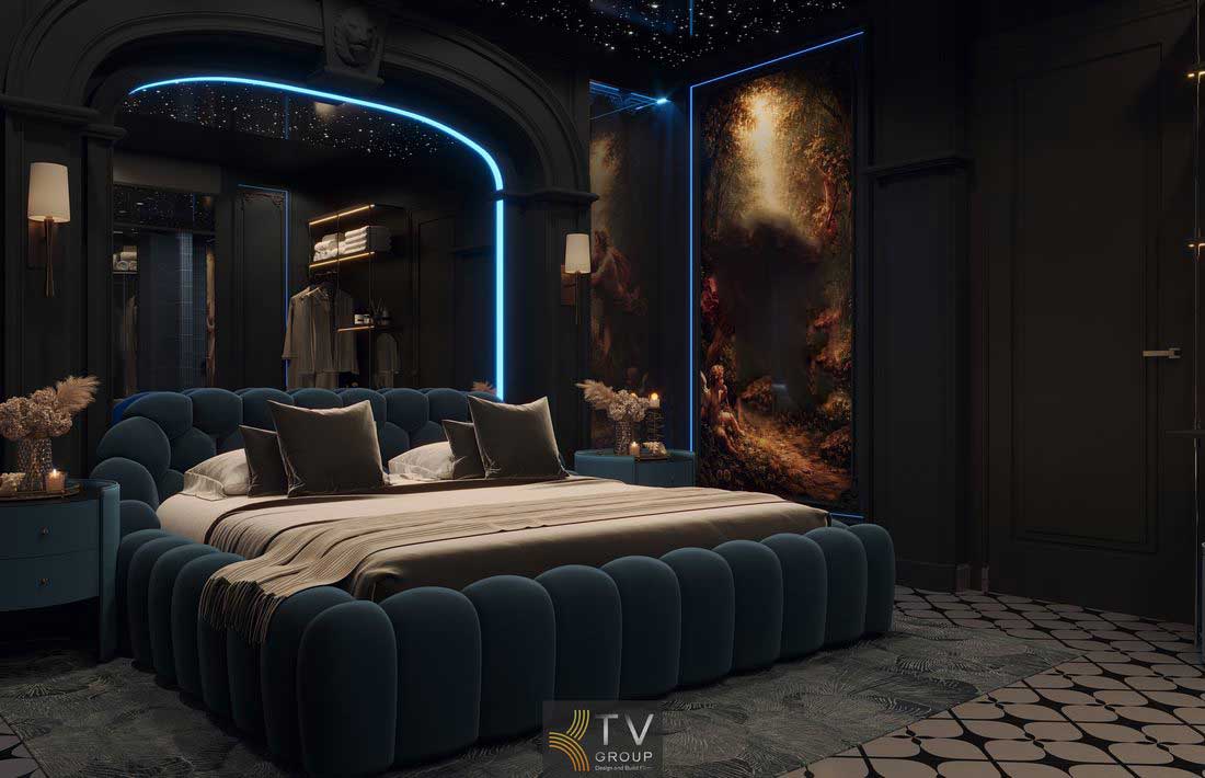 Thiết kế phòng khách sạn cao cấp với bồn tắm đặt trung tâm tạo điểm nhấn sang trọng kết hợp ánh sáng led mềm mại nội thất hiện đại mang lại không gian nghỉ dưỡng riêng tư tinh tế và trải nghiệm thư giãn hoàn hảo cho khách hàng cao cấp 