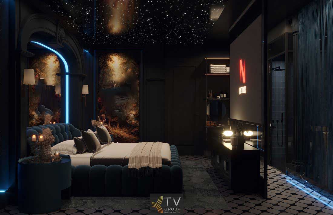 Không gian phòng ngủ khách sạn luxury sử dụng giường nhung cao cấp kết hợp hệ thống ánh sáng ấm áp trần ánh sao độc đáo cùng màn hình giải trí lớn tạo nên trải nghiệm nghỉ dưỡng hiện đại sang trọng và đầy cảm xúc cho người sử dụng 