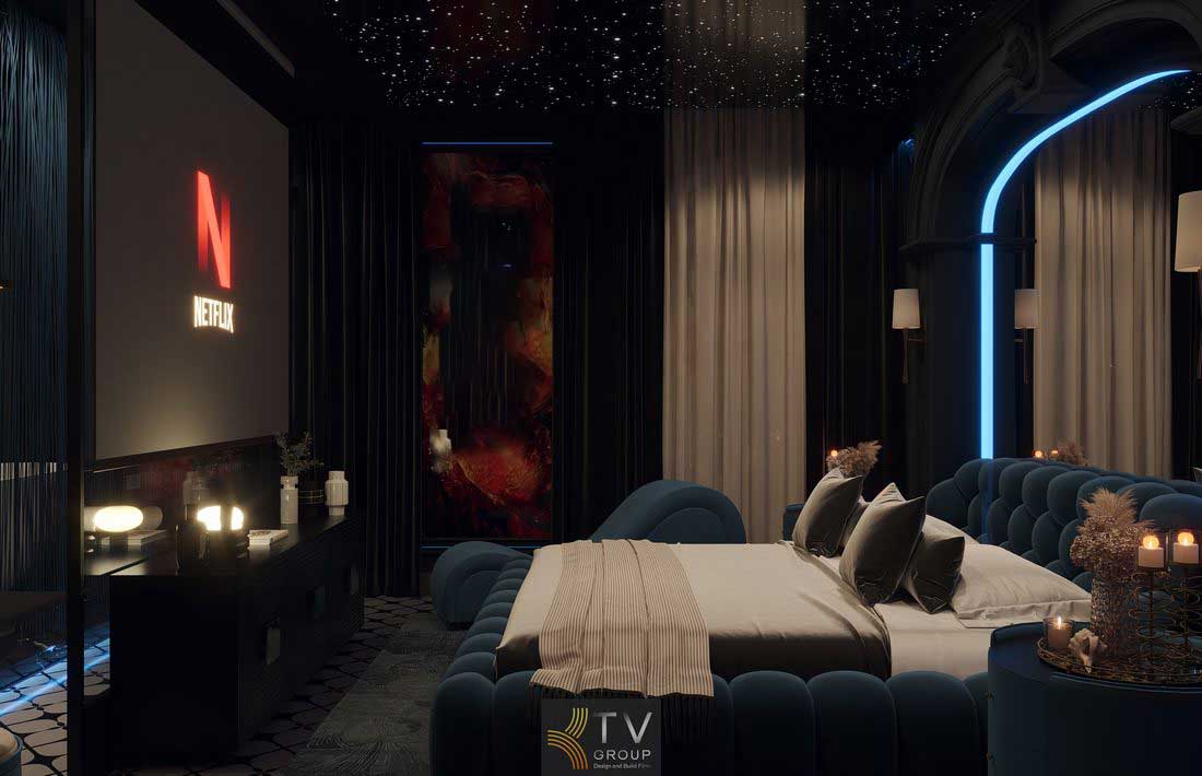 Thiết kế phòng tắm mở trong khách sạn với bồn tắm độc lập đá vân cao cấp kết hợp hệ cột trang trí cổ điển và ánh sáng nghệ thuật giúp không gian trở nên nổi bật tạo cảm giác thư giãn và nâng tầm trải nghiệm dịch vụ lưu trú 