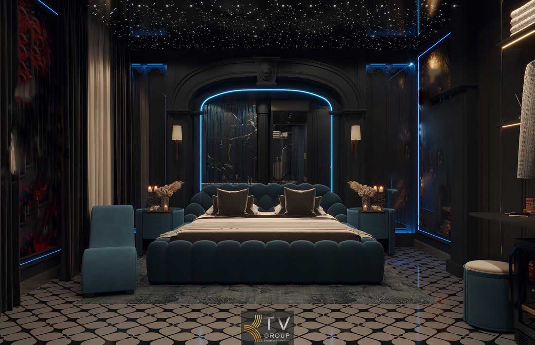 Thiết kế phòng khách sạn cao cấp với không gian mở liên kết khu ngủ và phòng tắm sử dụng nội thất hiện đại ánh sáng dịu nhẹ tạo cảm giác thư giãn tối đa đồng thời mang lại trải nghiệm lưu trú mới mẻ và ấn tượng cho khách hàng 