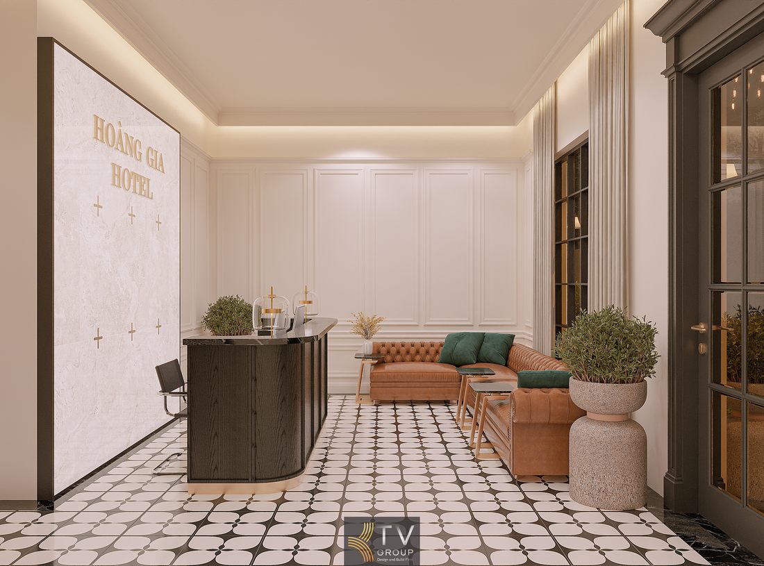 Thiết kế khu tiếp tân khách sạn hiện đại với quầy lễ tân bo cong kết hợp nội thất gỗ cao cấp sofa da ấm áp ánh sáng nhẹ nhàng tạo không gian đón tiếp sang trọng tinh tế và chuyên nghiệp cho khách hàng 