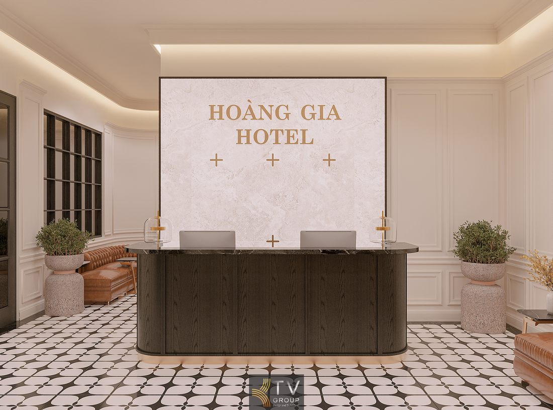 Không gian lễ tân khách sạn phong cách hiện đại sử dụng tông màu sáng kết hợp điểm nhấn nội thất tối màu cùng ánh sáng gián tiếp giúp tạo cảm giác rộng rãi thoải mái và nâng cao trải nghiệm khách khi đến 