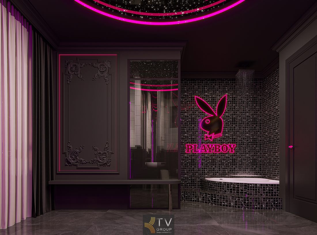 nội thất phòng khách sạn cao cấp sử dụng hệ đèn LED đổi màu kết hợp giường tròn và vách kính tạo trải nghiệm không gian mới lạ 