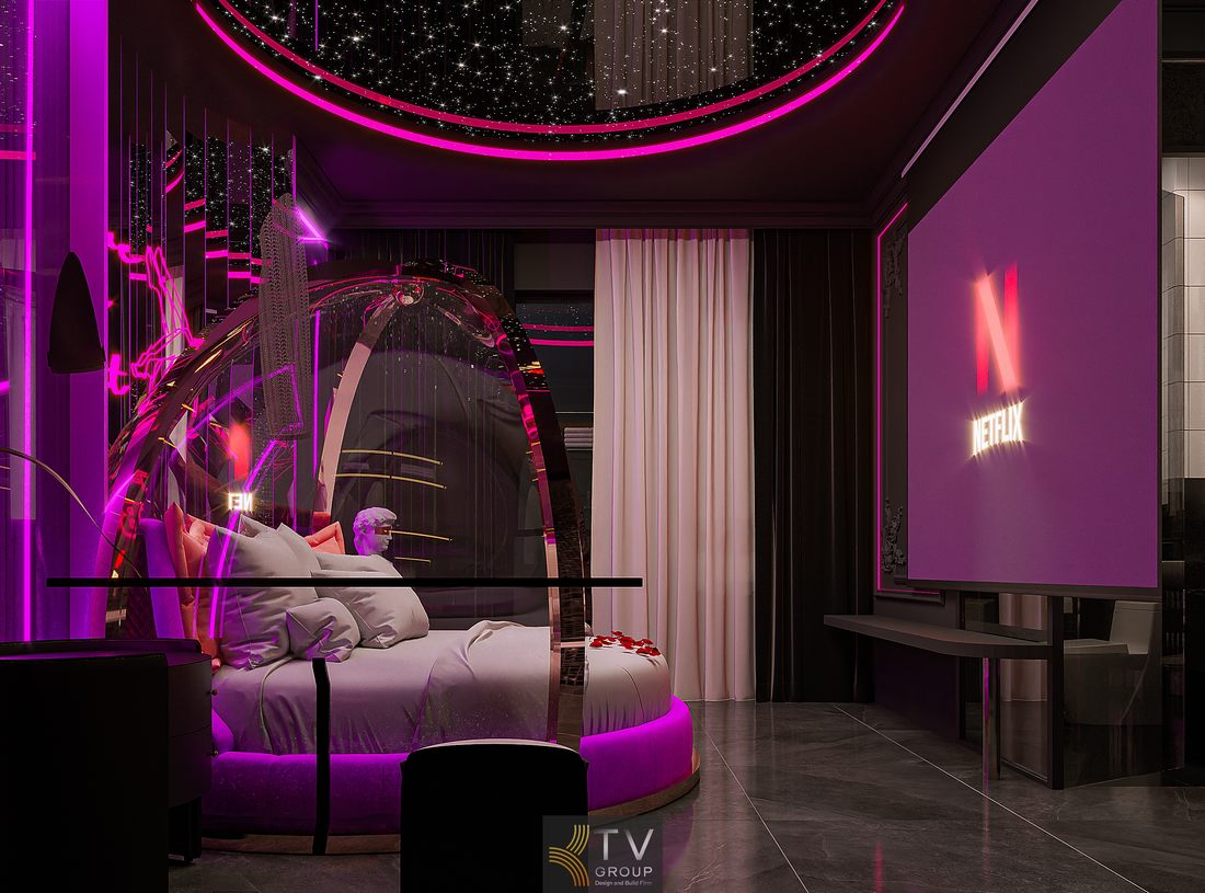 phòng khách sạn concept ánh sáng nghệ thuật với trần sao và hệ đèn neon tím hồng mang lại cảm giác hiện đại và cá tính 