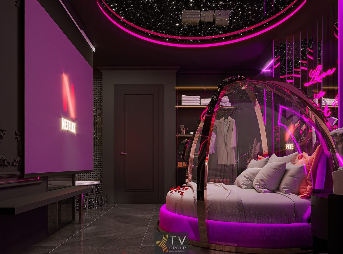 thiết kế thi công phòng khách sạn giường tròn kết hợp ánh sáng LED và vật liệu phản chiếu tạo hiệu ứng thị giác nổi bật 