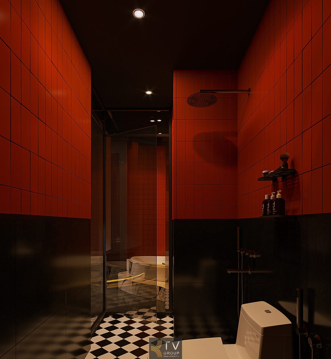 không gian nội thất khách sạn tông đỏ đen kết hợp trần ánh sáng vòng và vật liệu kim loại tạo điểm nhấn mạnh về thị giác và cảm xúc