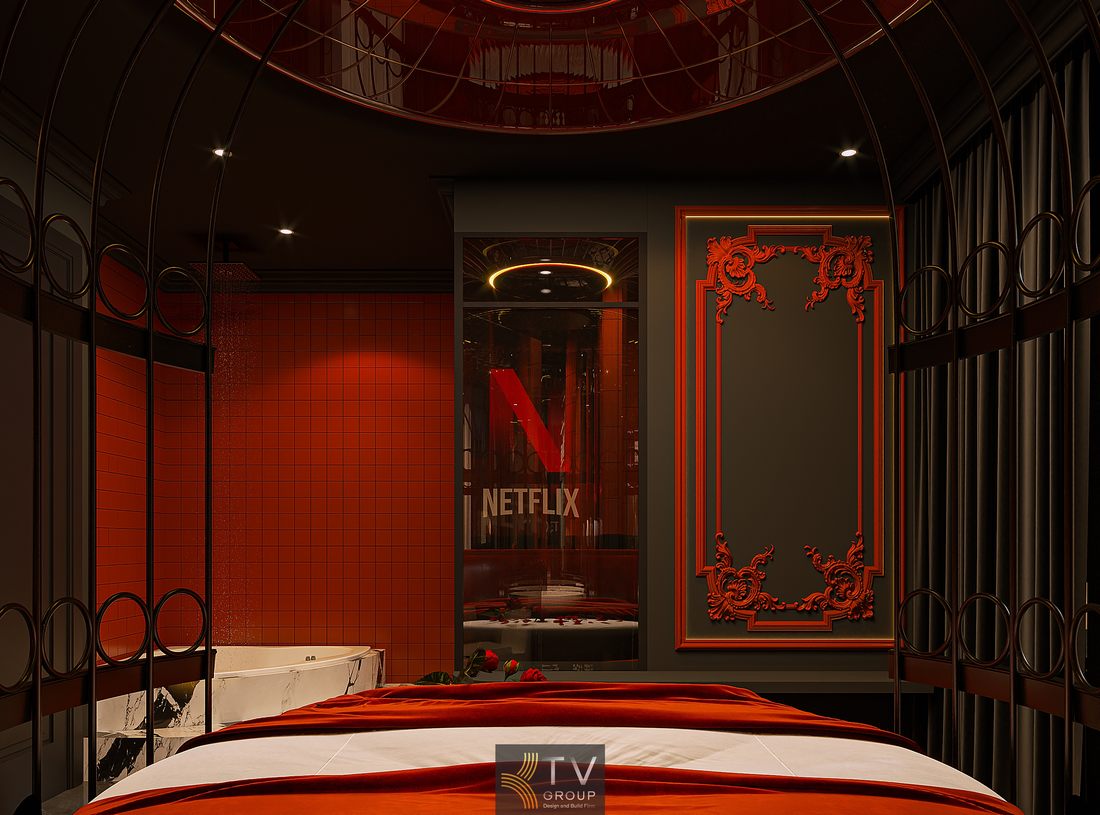 nội thất phòng khách sạn cao cấp sử dụng tông màu đỏ đen kết hợp ánh sáng nghệ thuật mang đến không gian cá tính và khác biệt rõ nét