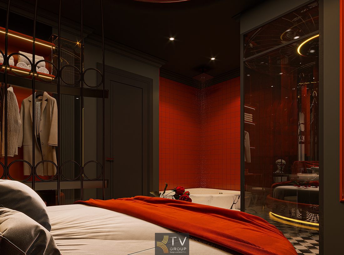 phòng khách sạn giường tròn khung kim loại kết hợp trần ánh sáng vòng tạo hiệu ứng thị giác mạnh và tăng trải nghiệm không gian