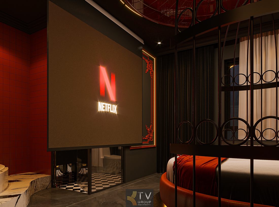 thiết kế thi công phòng khách sạn hiện đại với hệ đèn LED hắt sáng và bố cục nội thất độc đáo tạo cảm giác mới lạ cho người dùng không gian phòng khách sạn concept trải nghiệm ánh sáng với thiết kế cá tính và vật liệu phản chiếu giúp tăng chiều sâu và thẩm mỹ