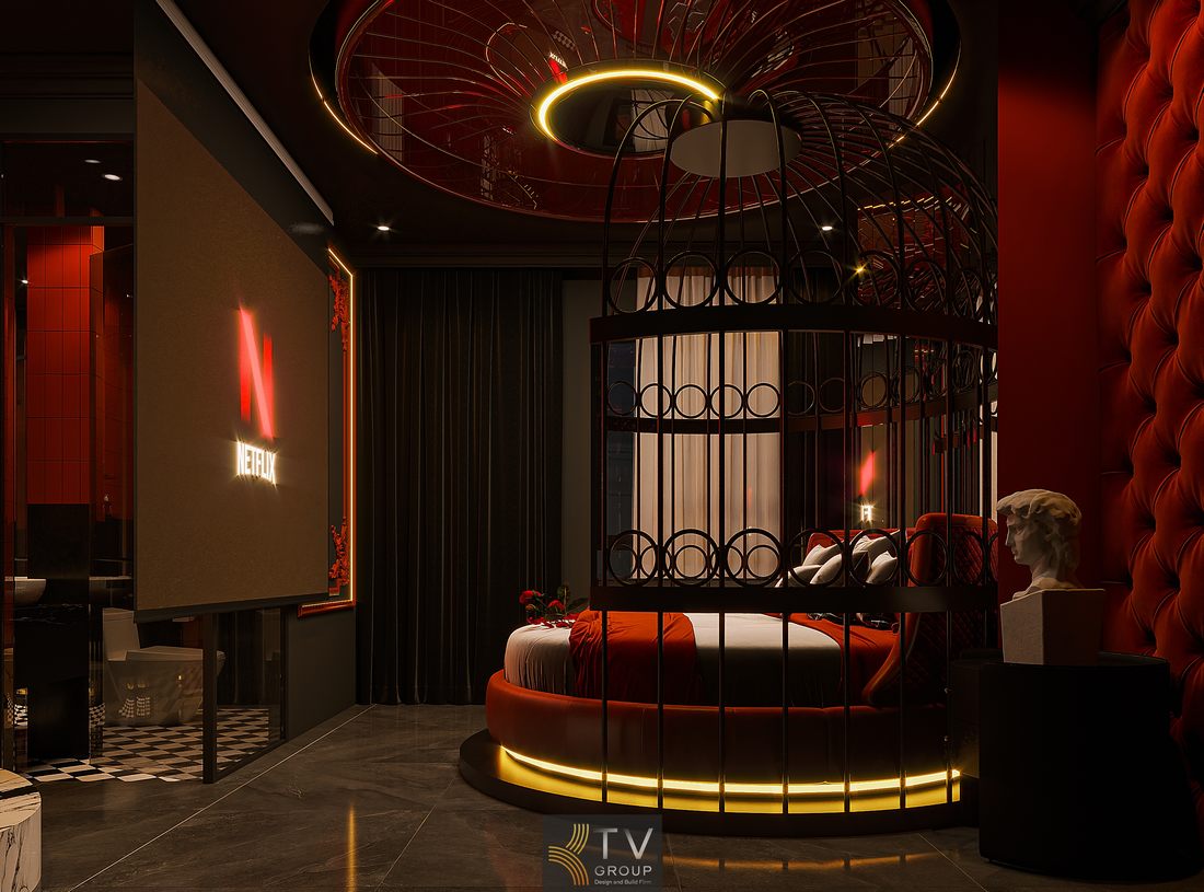 phòng khách sạn phong cách hiện đại sử dụng ánh sáng đỏ nổi bật kết hợp nội thất sang trọng tạo điểm nhấn ấn tượng và thu hút khách thiết kế nội thất khách sạn giường tròn trung tâm với ánh sáng LED và trần vòng tạo không gian nghỉ dưỡng khác biệt và hiện đại