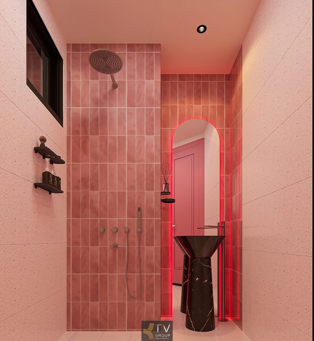 Phòng tắm khách sạn hiện đại với gạch ốp màu hồng và bồn tắm bo cong độc đáo Khu vực lavabo đá đen kết hợp ánh sáng LED tạo điểm nhấn trong phòng tắm khách sạn 