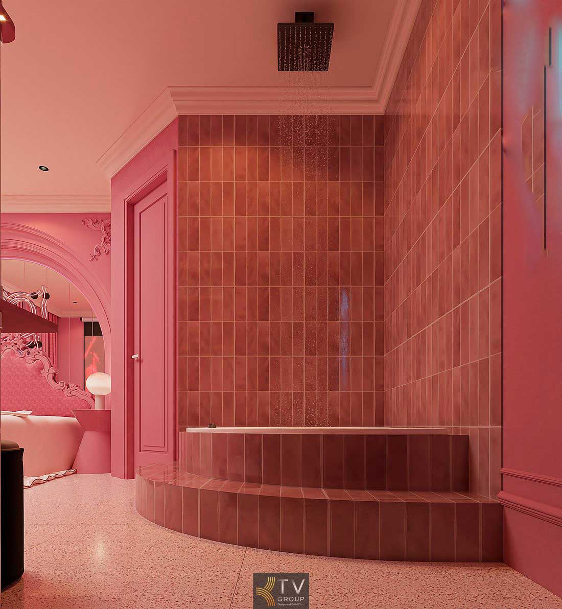 Phòng khách sạn Romantic Pink với ánh sáng dịu và bố cục tối ưu công năng Không gian khách sạn với concept màu sắc cá tính và điểm nhấn nội thất độc đáo 