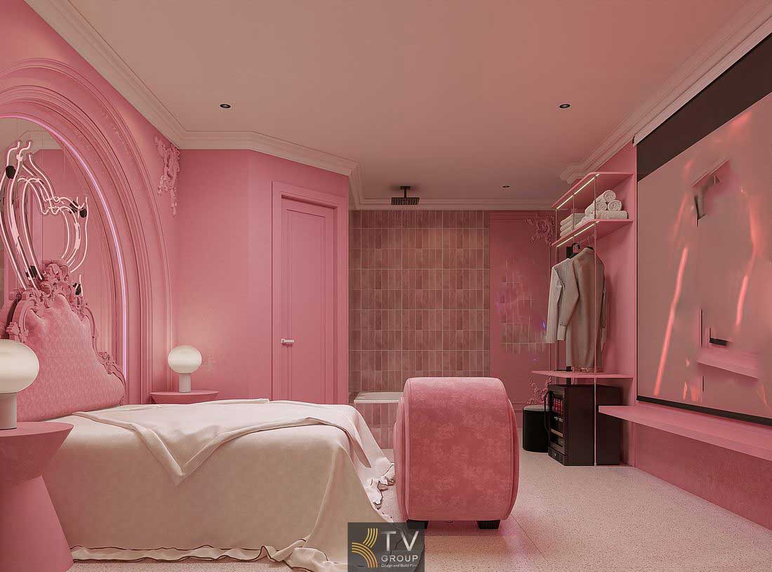 Không gian phòng ngủ khách sạn concept Romantic Pink với nội thất mềm mại và bố cục hài hòa 