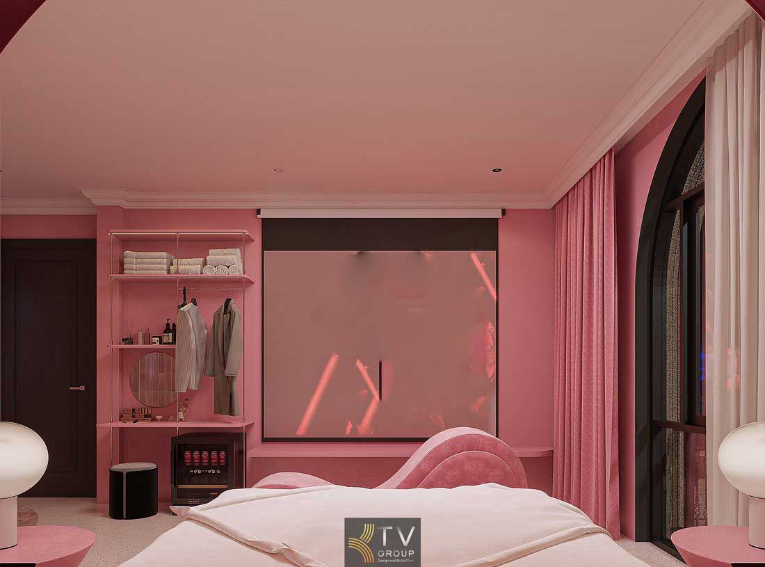 Thiết kế phòng khách sạn phong cách hiện đại với gam màu nổi bật và ánh sáng đa lớp Nội thất phòng khách sạn với cửa vòm trang trí và giường ngủ thiết kế nghệ thuật 