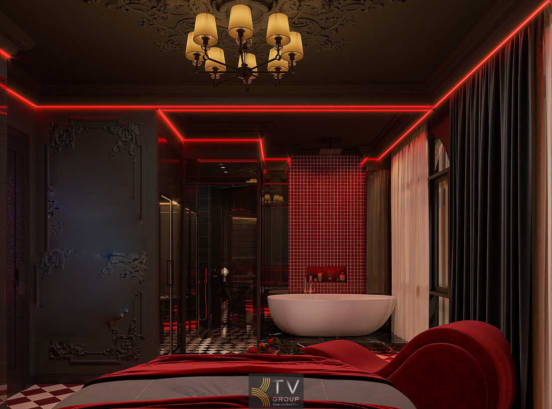 Phòng ngủ khách sạn concept Dark Romance với giường bo cong mềm mại, ánh sáng dưới giường tạo điểm nhấn nổi bật và tăng chiều sâu không gian 
