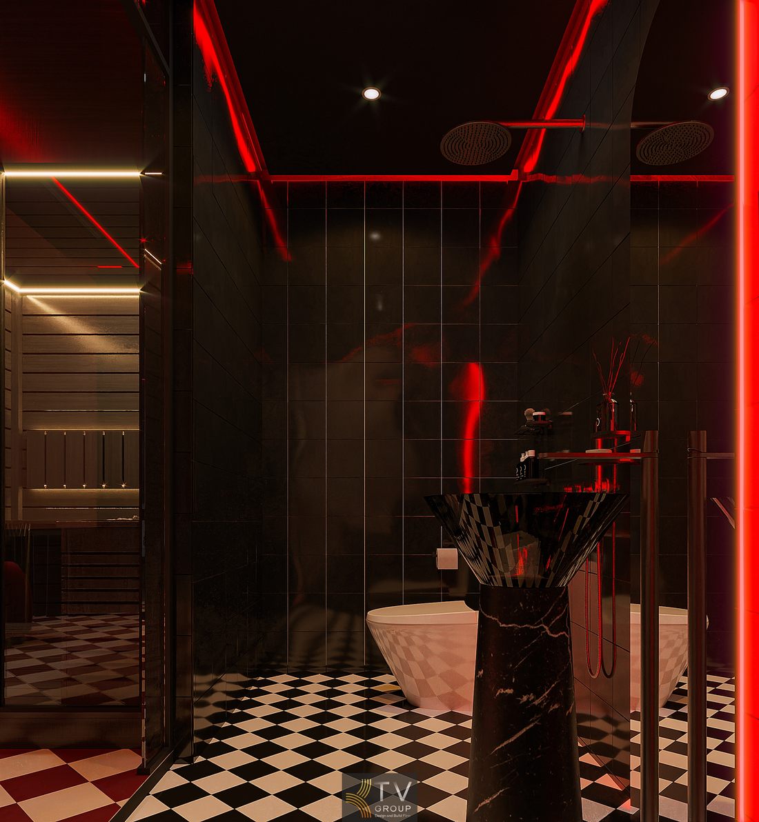 Không gian khách sạn thiết kế mở kết nối phòng ngủ và phòng tắm, mang lại trải nghiệm mới lạ và tối ưu diện tích sử dụng Thiết kế khách sạn sử dụng vật liệu cao cấp như đá, kính và gạch bóng, giúp tăng độ bền và nâng cao giá trị thẩm mỹ tổng thể Phòng ngủ khách sạn với ánh sáng đỏ chủ đạo kết hợp nội thất bo cong tạo cảm giác mềm mại, ấn tượng và phù hợp xu hướng thiết kế mới 