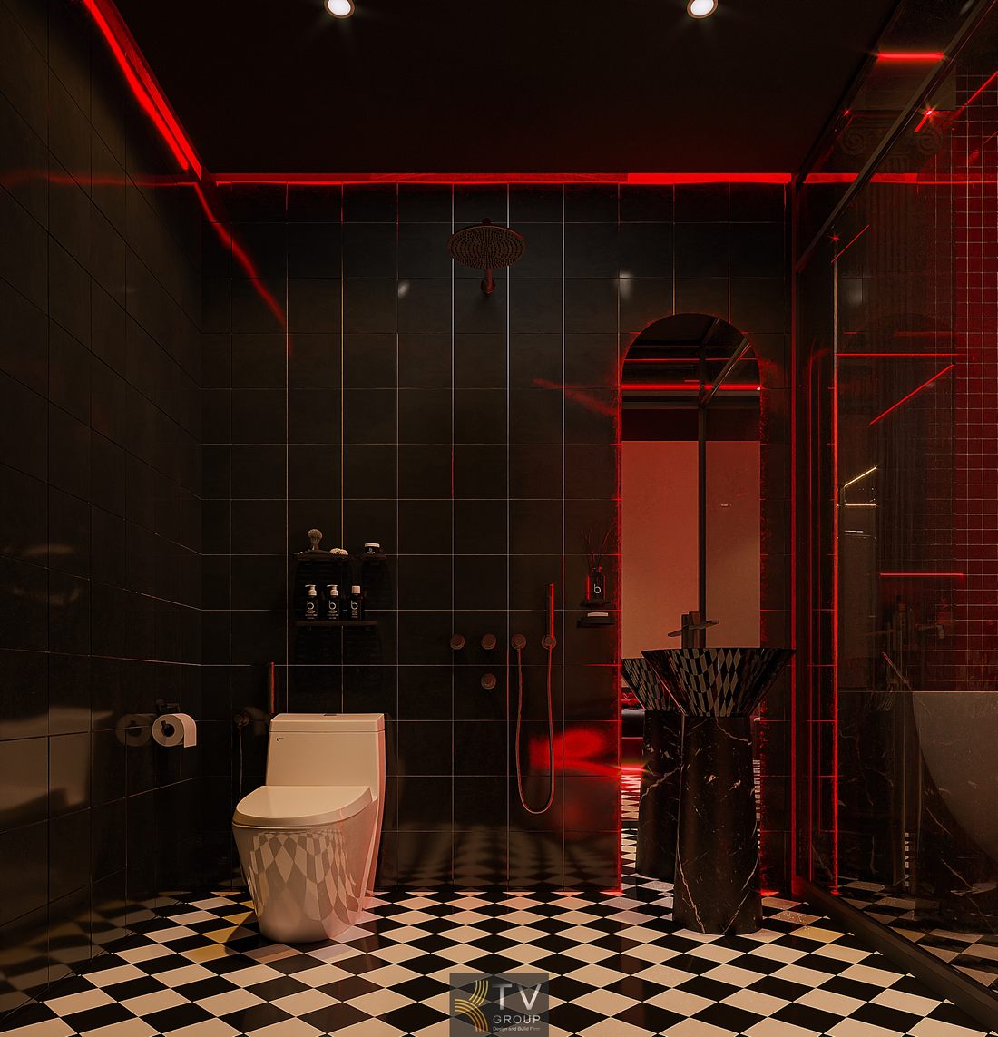 Không gian phòng tắm khách sạn hiện đại với gạch ốp màu đen, kết hợp ánh sáng đỏ tạo nên hiệu ứng thị giác ấn tượng và khác biệt 
