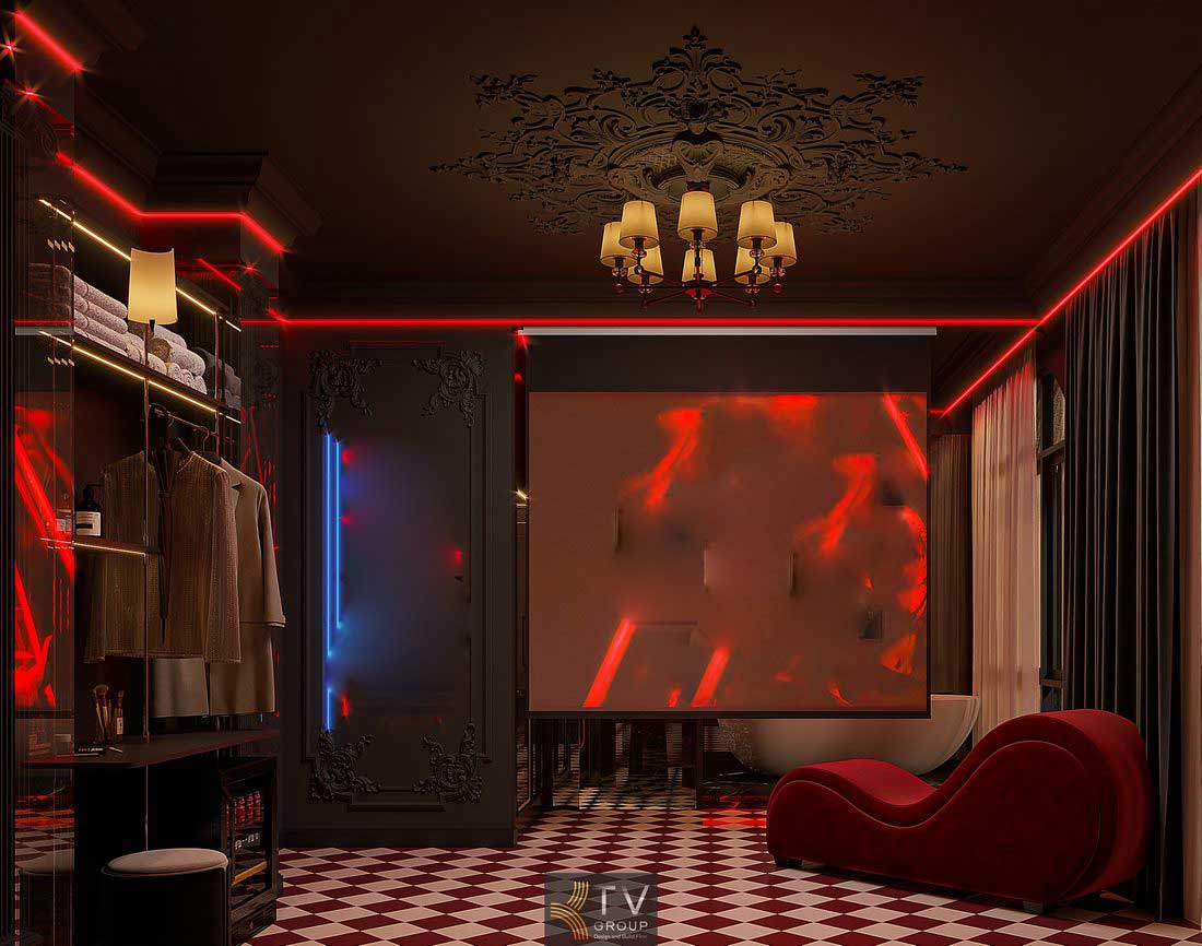 Khu vực lavabo đá đen thiết kế độc đáo, kết hợp ánh sáng LED phản chiếu giúp tăng tính thẩm mỹ và tạo điểm nhấn cho không gian 