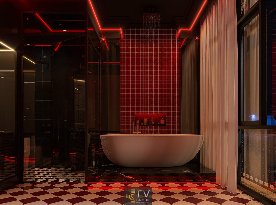 Thiết kế phòng khách sạn với sàn caro trắng đen tạo sự tương phản mạnh, giúp cân bằng màu sắc tổng thể và tăng hiệu ứng thị giác 