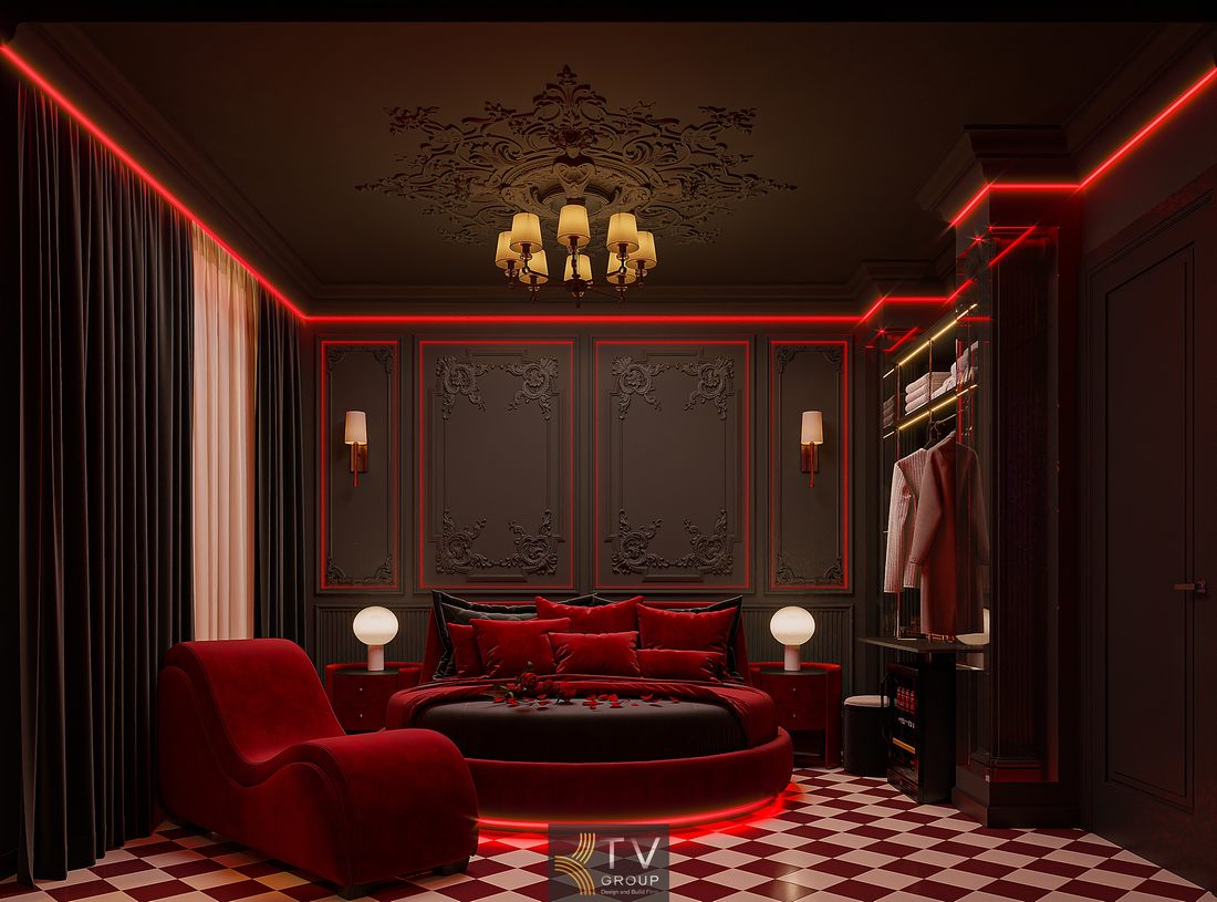 Phòng khách sạn phong cách hiện đại với hệ đèn LED chạy viền trần, tường giúp tạo chiều sâu và làm nổi bật từng chi tiết nội thất 