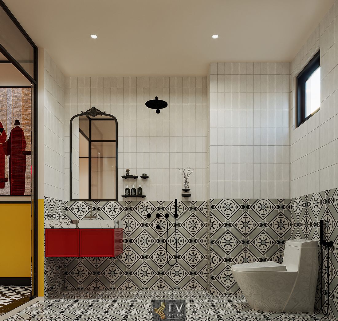 Phòng khách sạn phong cách hiện đại với tông vàng nổi bật, tranh tường thiên nhiên nghệ thuật, nội thất tối giản, bố cục cân đối và ánh sáng ấm tạo cảm giác thư giãn, riêng tư và ấn tượng.