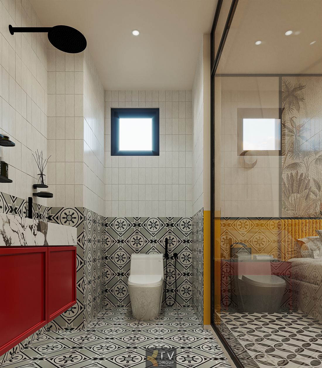 Không gian phòng lưu trú thiết kế concept nghệ thuật với giường trung tâm, tab đỏ tạo điểm nhấn, sàn họa tiết hình học độc đáo kết hợp ánh sáng tự nhiên và đèn trang trí hài hòa.