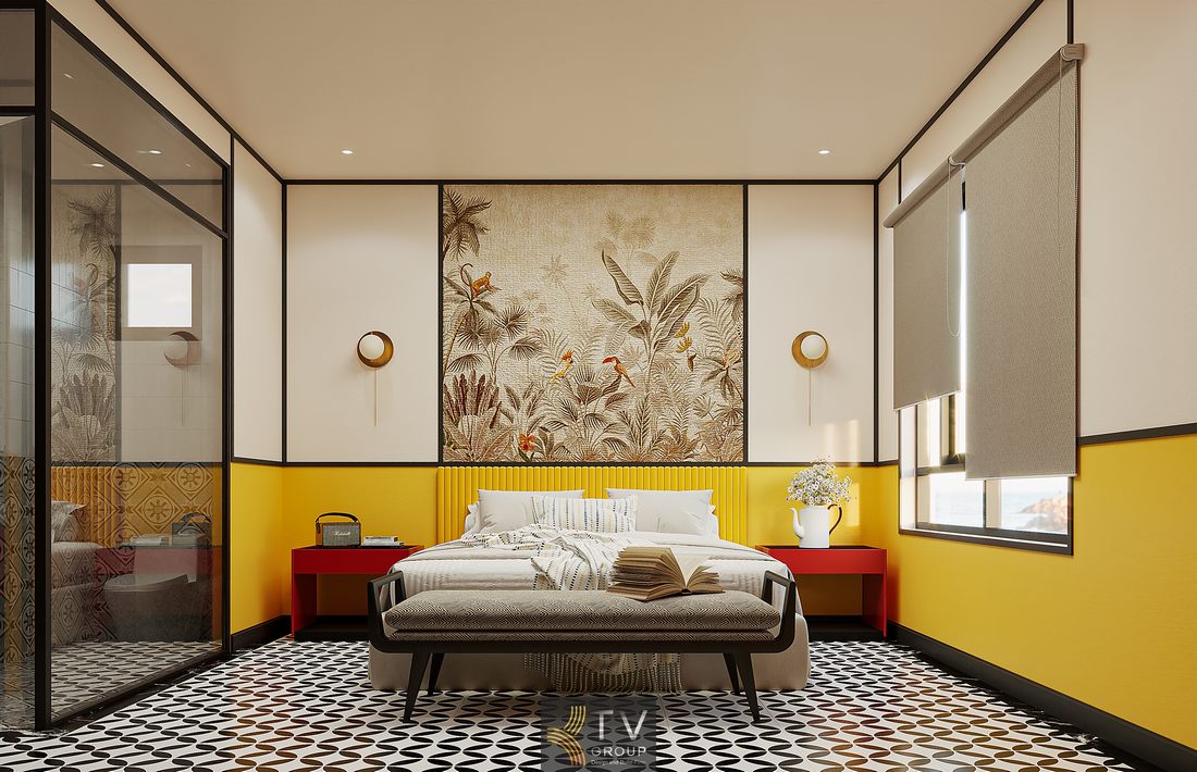 Thiết kế phòng khách sạn hiện đại sử dụng gam màu vàng – trắng nổi bật, tranh decor thiên nhiên, nội thất tinh gọn và hệ thống ánh sáng giúp tăng trải nghiệm không gian nghỉ ngơi.