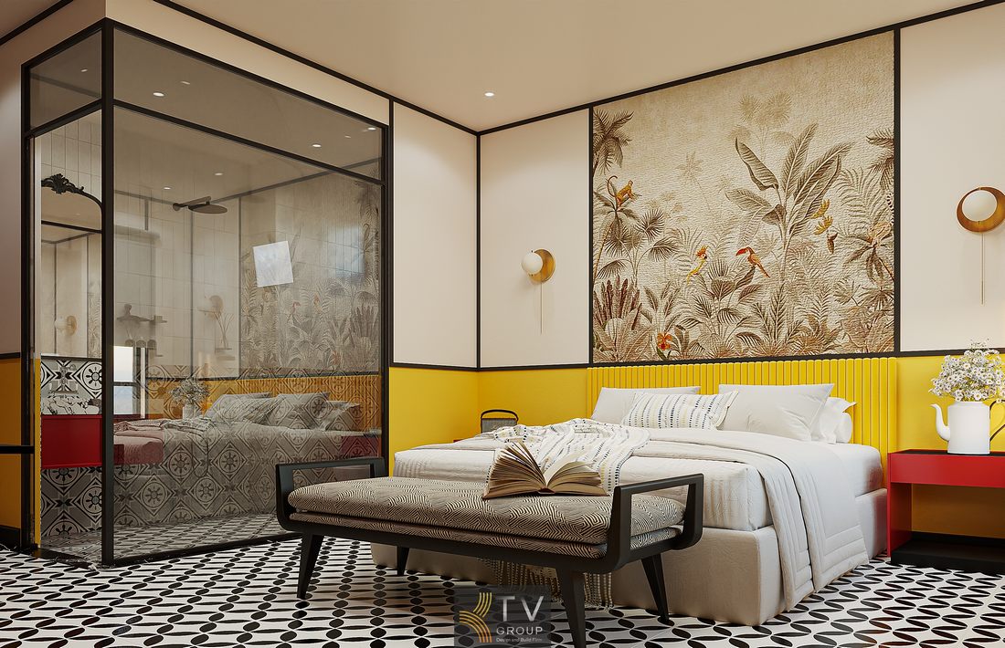 Phòng khách sạn concept nghệ thuật với tranh tường chủ đề thiên nhiên, giường lớn trung tâm, sàn gạch họa tiết nổi bật và ánh sáng ấm mang đến cảm giác thoải mái, tinh tế.