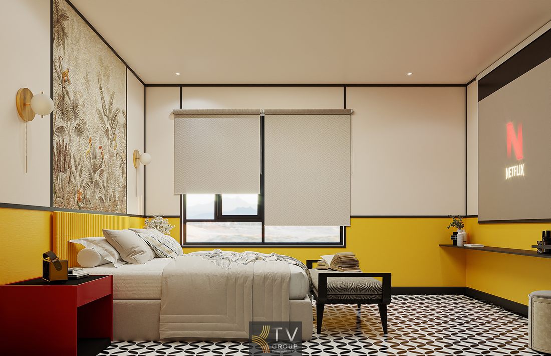 Không gian phòng nghỉ hiện đại kết hợp kính trong suốt, rèm cuốn tiện lợi, nội thất gọn gàng và tranh tường nghệ thuật tạo nên tổng thể hài hòa, thu hút và khác biệt.