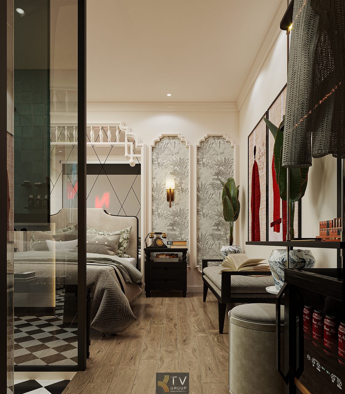 Phòng khách sạn phong cách tân cổ điển hiện đại với giường bọc nệm cao cấp, phào chỉ tinh tế, ánh sáng tự nhiên từ cửa sổ lớn kết hợp rèm hai lớp tạo không gian ấm áp, sang trọng và thoải mái cho trải nghiệm lưu trú.