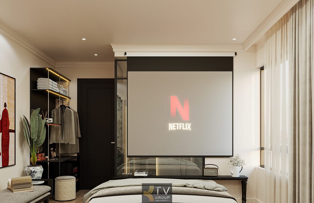 Thiết kế phòng lưu trú hiện đại kết hợp tân cổ điển với điểm nhấn đầu giường trang trí phào chỉ, giường lớn trung tâm, ánh sáng nhiều lớp và không gian mở giúp tăng trải nghiệm sử dụng.