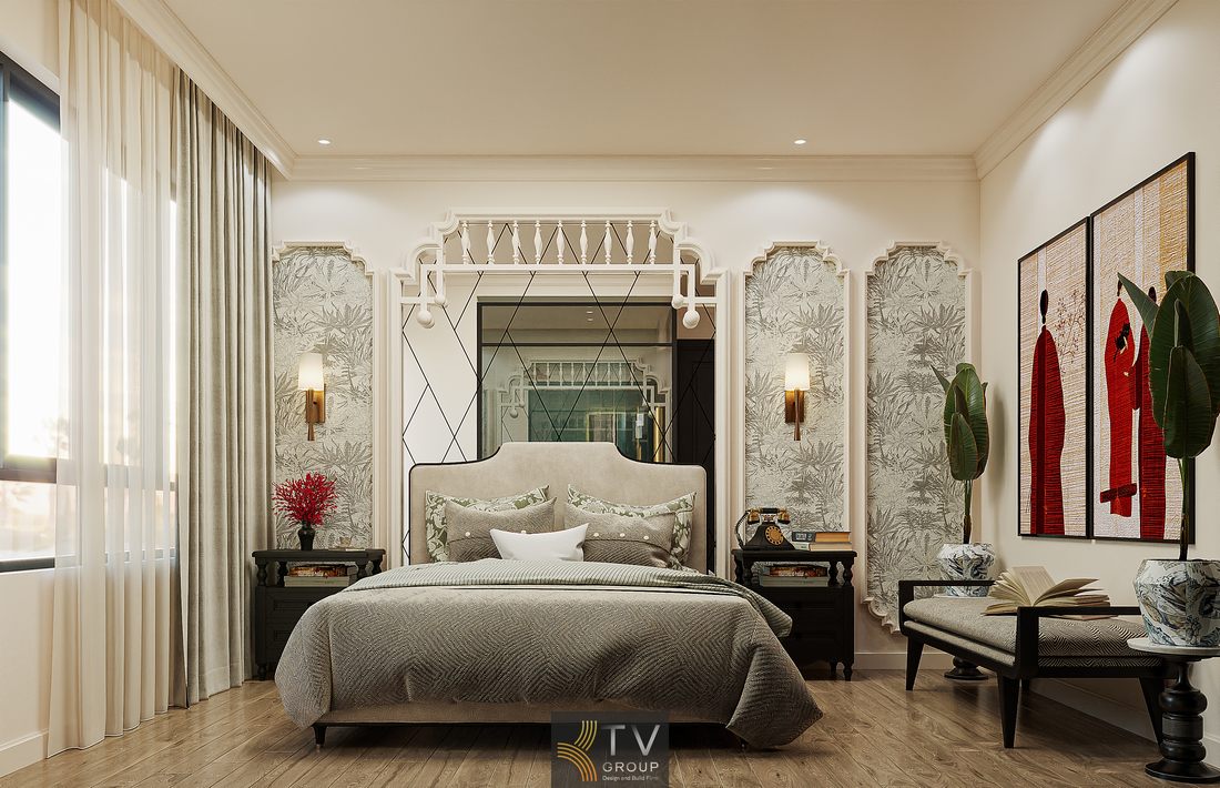 Phòng khách sạn với khu vực phòng tắm kính tách biệt, sử dụng gạch họa tiết đen trắng nổi bật, tường ốp màu xanh tạo chiều sâu và tăng tính thẩm mỹ cho tổng thể không gian.