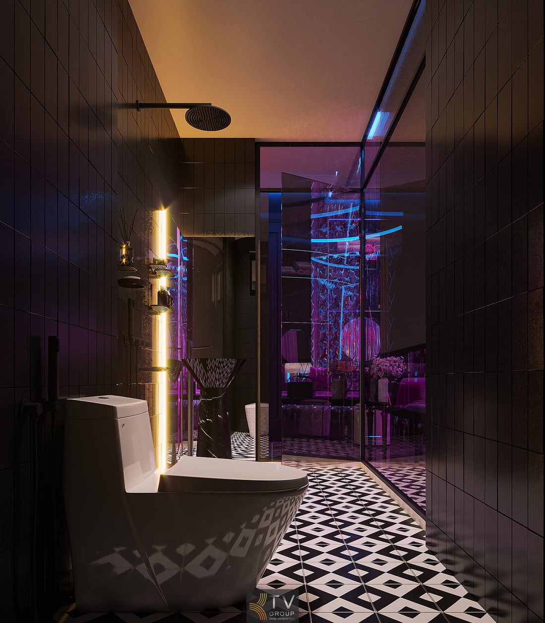 Phòng khách sạn thiết kế theo concept hiện đại với ánh sáng neon, nội thất sáng bóng, tường trang trí nổi bật và không gian phù hợp nhu cầu trải nghiệm và chụp ảnh.