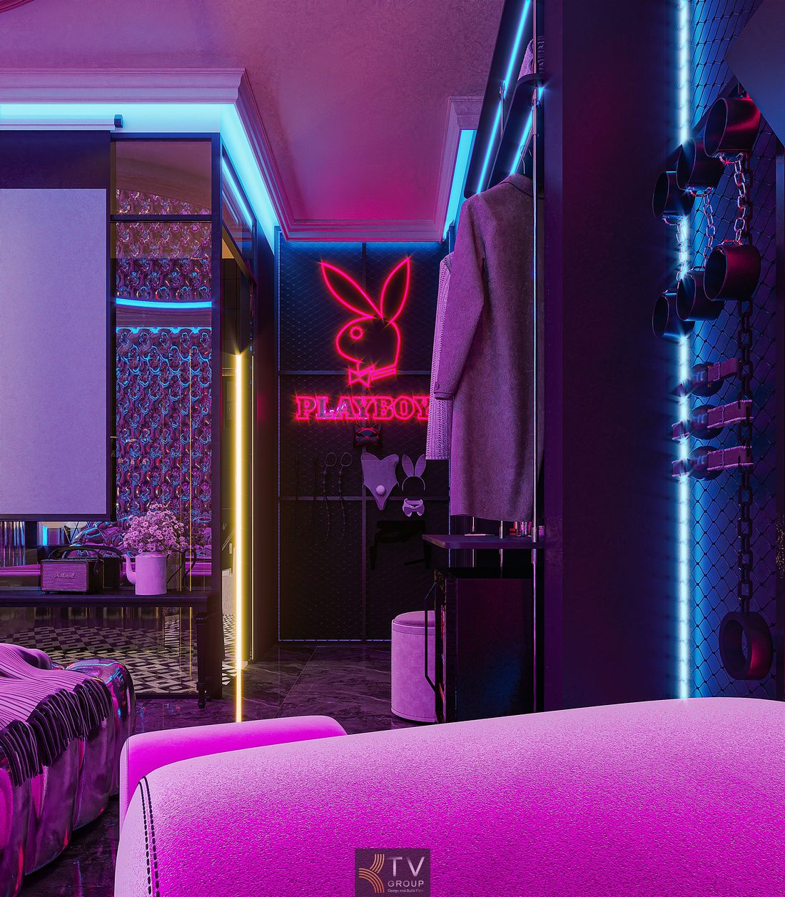 Thiết kế phòng khách sạn cao cấp với ánh sáng màu kết hợp vật liệu phản chiếu, giường trung tâm sang trọng, màn hình giải trí lớn và bố cục không gian tối ưu công năng sử dụng.Thiết kế phòng khách sạn cao cấp với ánh sáng màu kết hợp vật liệu phản chiếu, giường trung tâm sang trọng, màn hình giải trí lớn và bố cục không gian tối ưu công năng sử dụng.