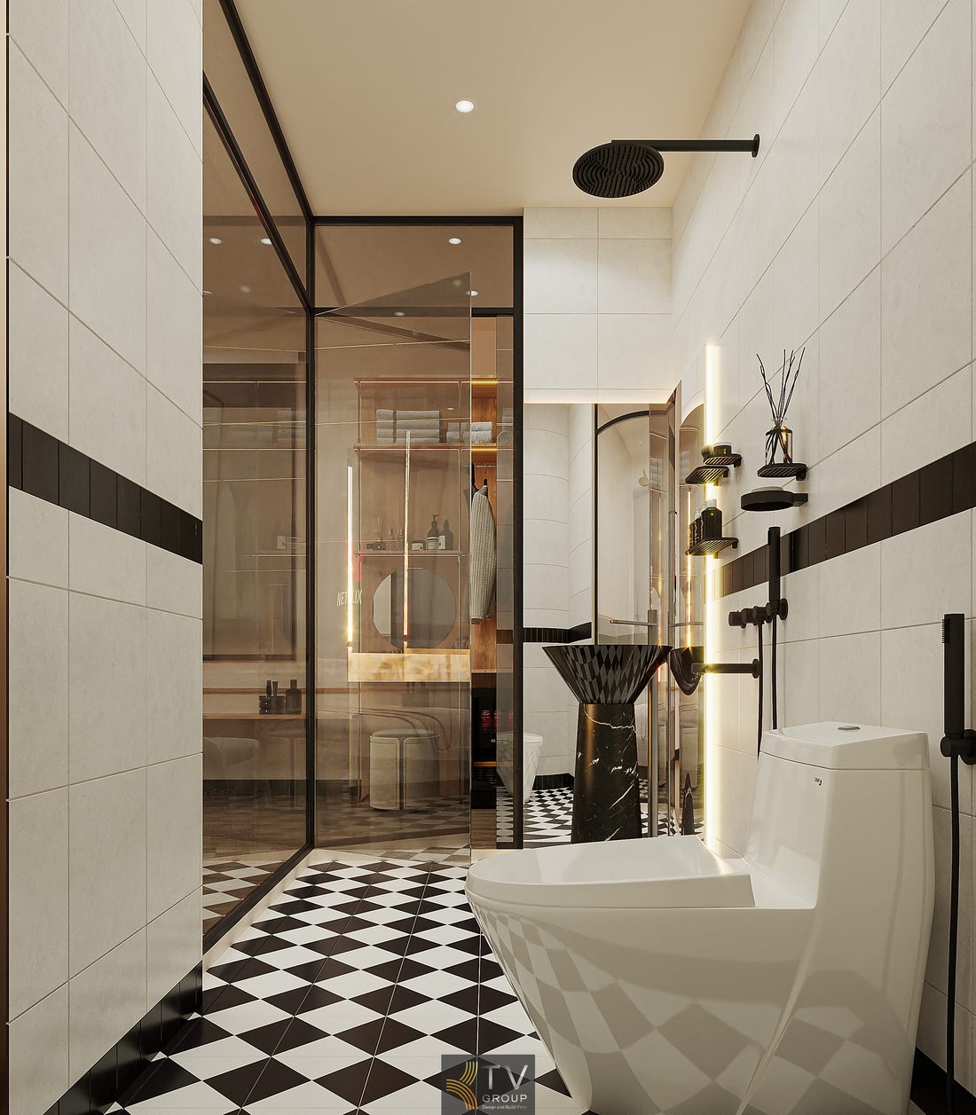 Không gian phòng khách sạn tối giản với tủ kệ gỗ mở, ánh sáng LED hắt nhẹ và bố cục khoa học tối ưu công năng sử dụng 